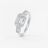 Emerald East West Three Stone Bezel Lab Grown Diamond Engagement Ring