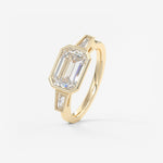 Emerald East West Three Stone Bezel Lab Grown Diamond Engagement Ring