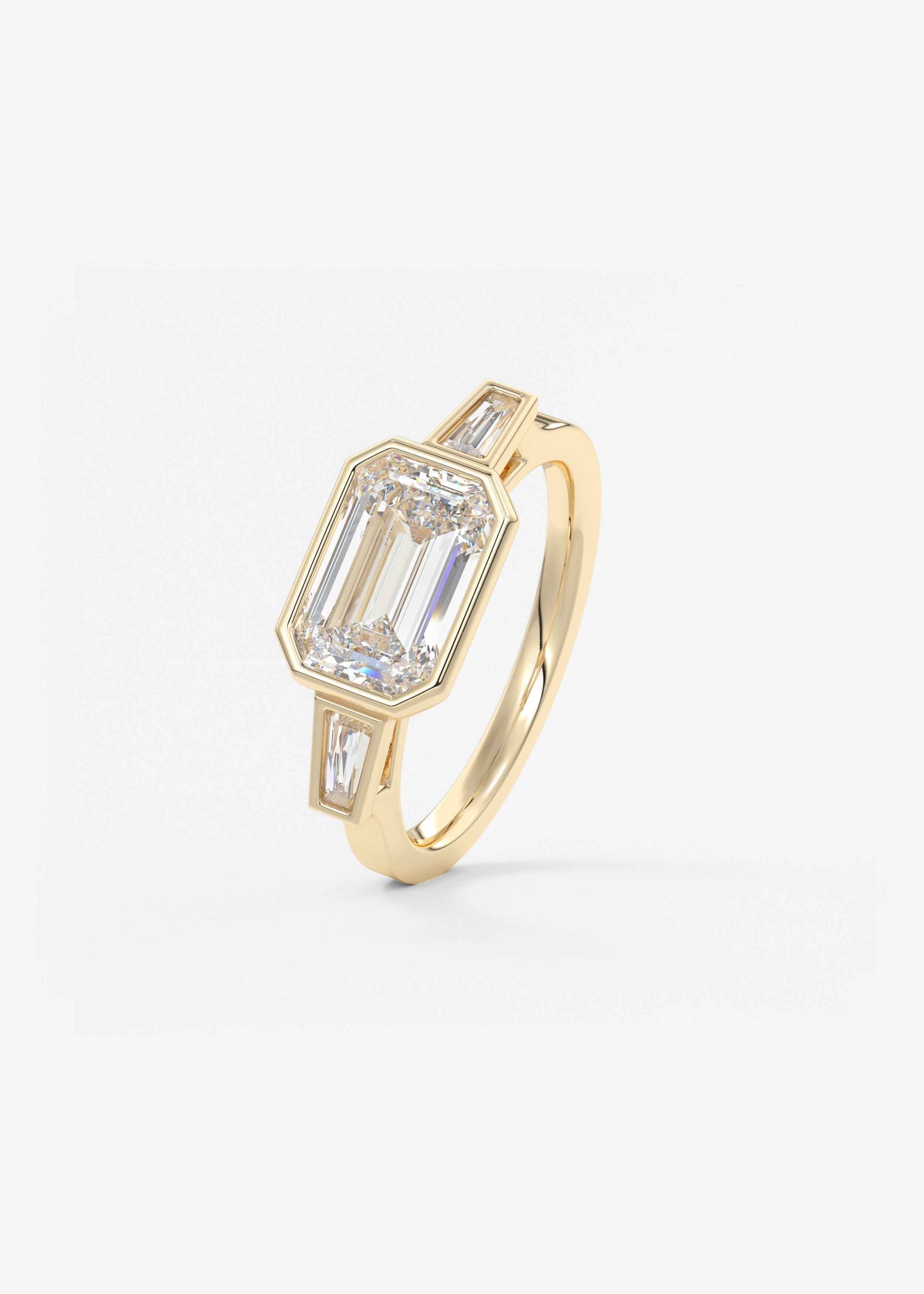 Emerald East West Three Stone Bezel Lab Grown Diamond Engagement Ring