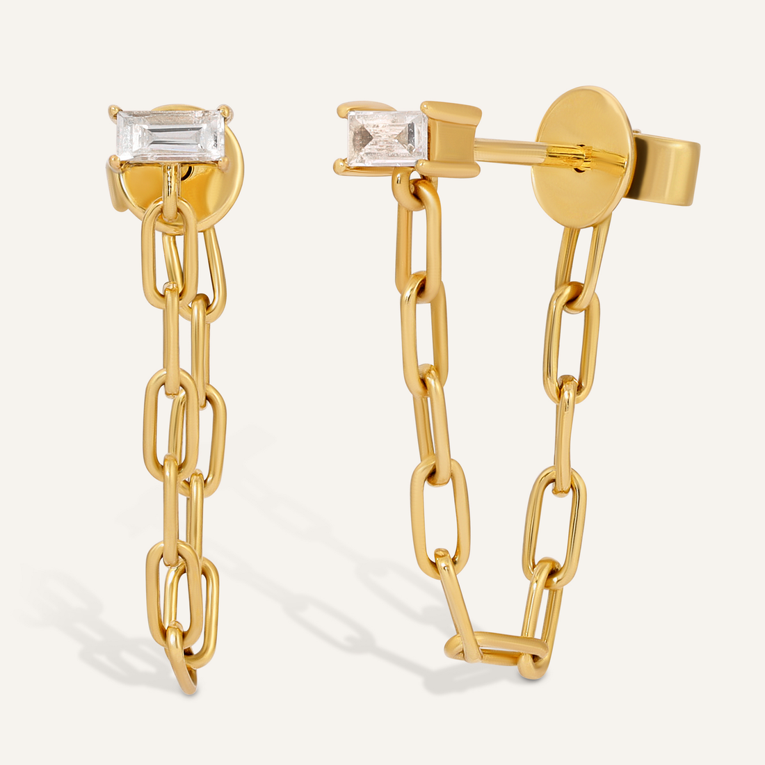 0.10 TCW Baguette Cut Moissanite Link Chain Earrings in Gold 1