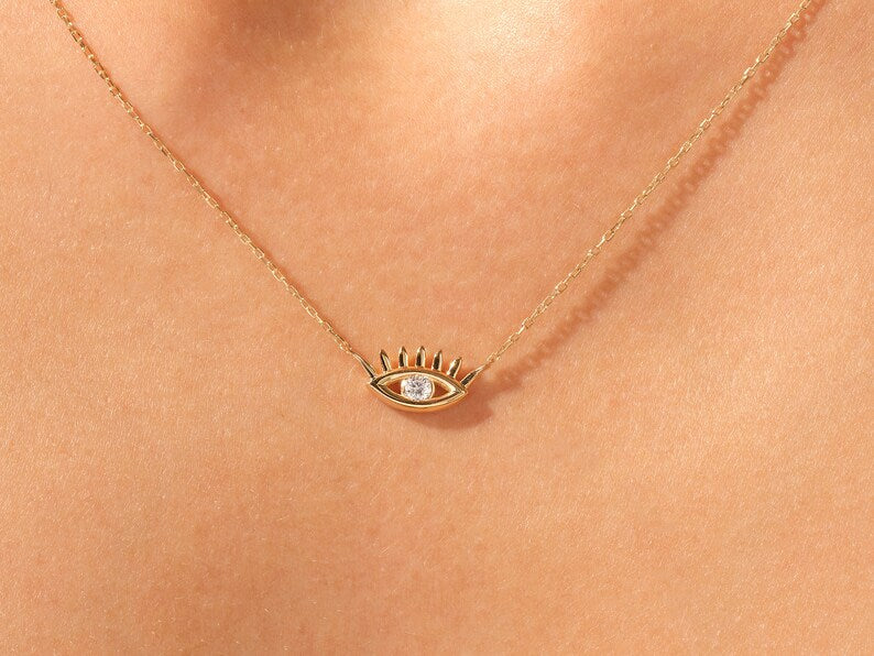 0.05 CT Round Moissanite Diamond Evil Eye Pendant Necklace in Solid Gold 4