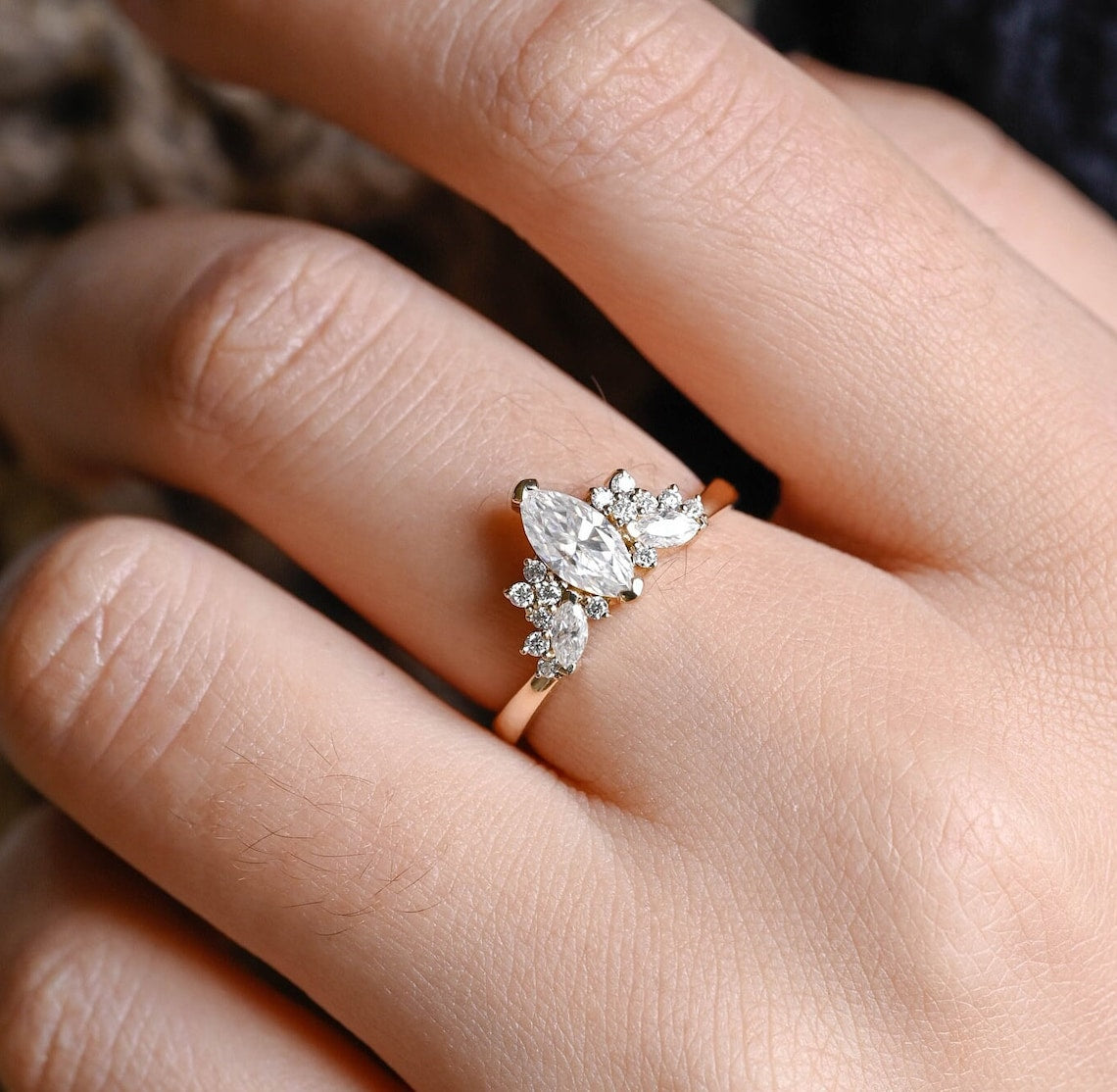 Stunning 1.0 CT Marquise Cut Moissanite Engagement Ring with Cluster Design 10
