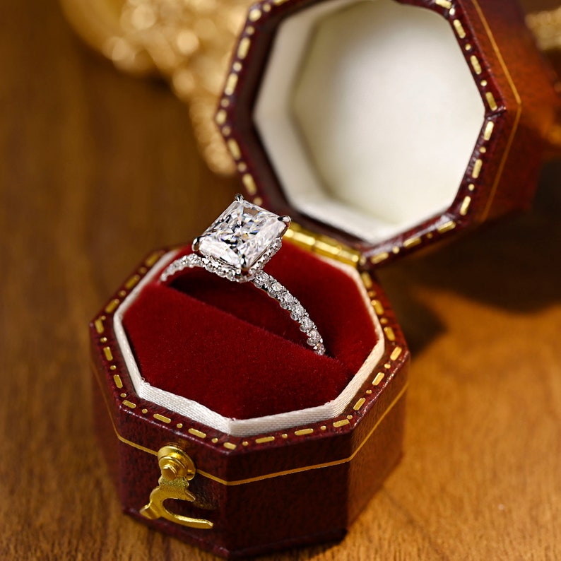 3.0 CT Radiant Shaped Moissanite Engagement Ring With Hidden Halo Pave Accents 2