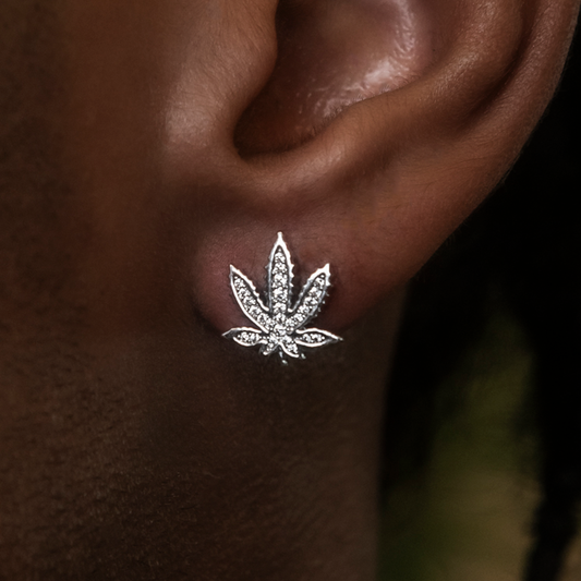 2.5 CT Round Moissanite Weed Leaf Stud Silver Earrings for Him 1