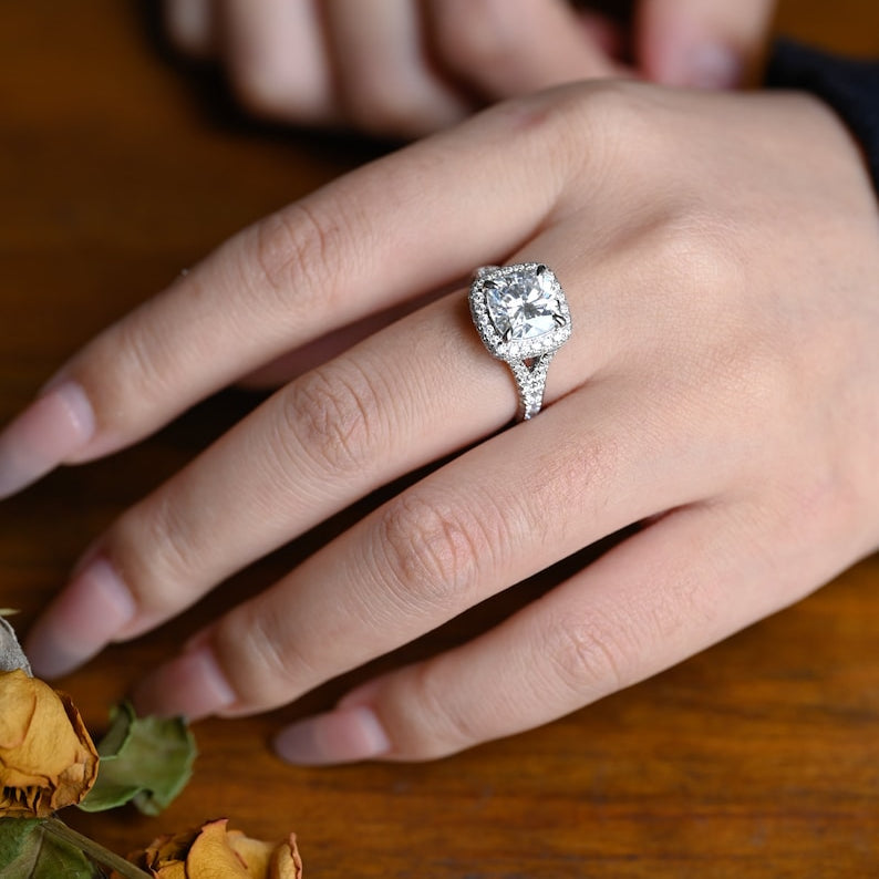 Stunning 1.0 - 2.0 CT Cushion Moissanite Engagement Ring With Pave & Halo Design 2