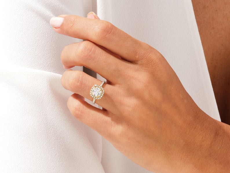 Stunning 1.0-2.0 CT Cushion Moissanite Engagement Ring with Halo & Pave Design 7