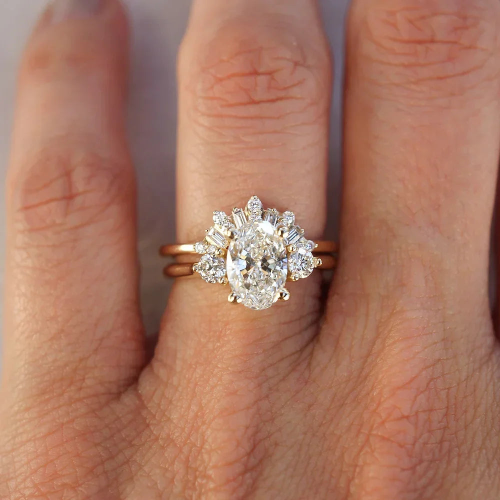 Stunning 0.20 CT Round & Baguette Moissanite Stones Cluster Curved Wedding Bands 3