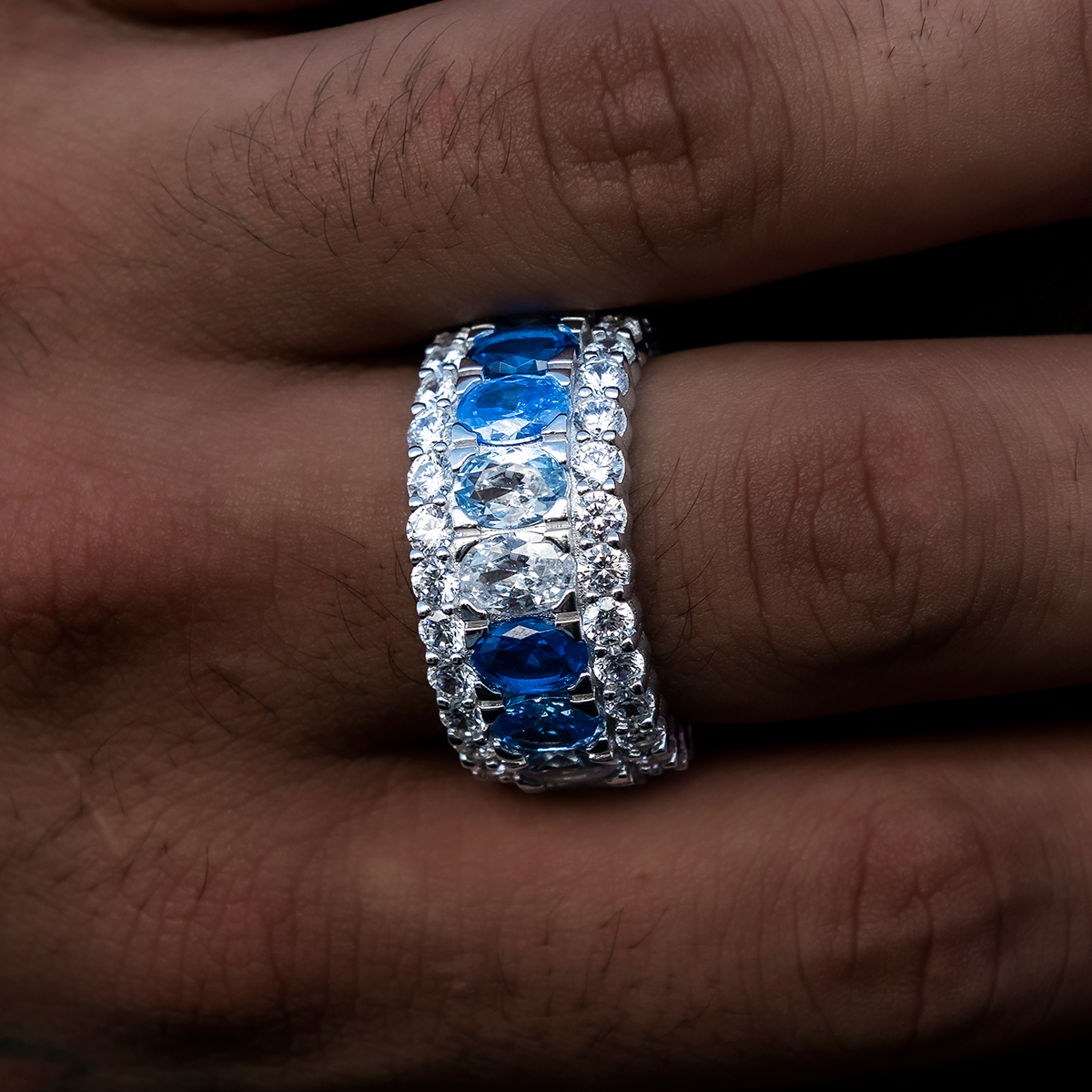8 CT Oval and Round Multicolor Diamond Blue Layered Style Silver Men's Wedding Band 3