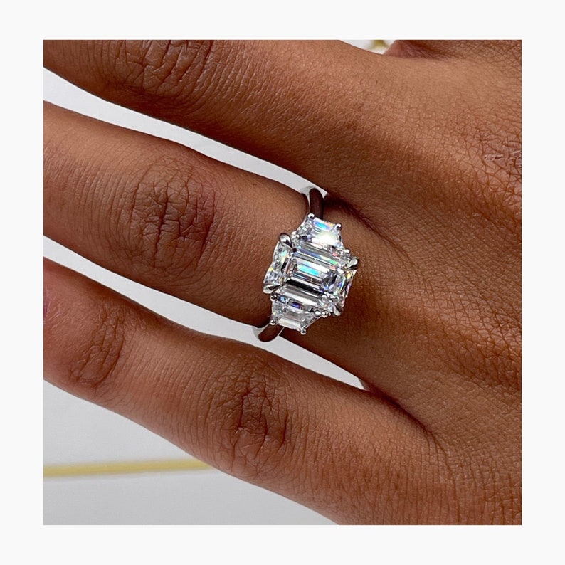 Classic 2.0 CT Emerald Moissanite Engagement Ring with Three Stone Design 6