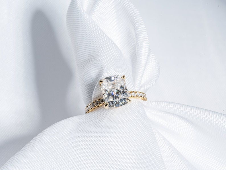 Classic 3.0 CT Cushion Moissanite Engagement Ring with Hidden Halo & Pave Design 3
