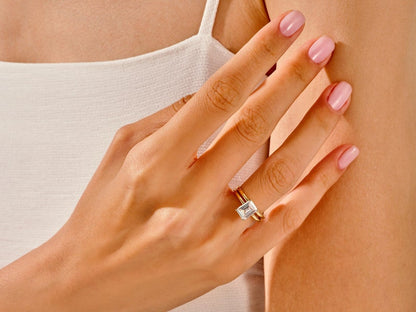 1.50 CT Emerald Cut Moissanite Solitaire Bridal Ring Set with Plain Wedding Bands 6