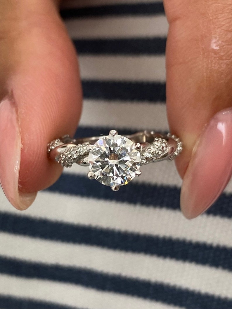 Classic 1.0 CT Round Moissanite Engagement Ring with Twist Pave Design 5