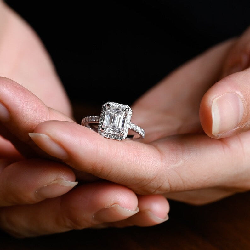Stunning 1.0 - 2.0 CT Emerald Moissanite Engagement Ring with Pave and Halo Design 2