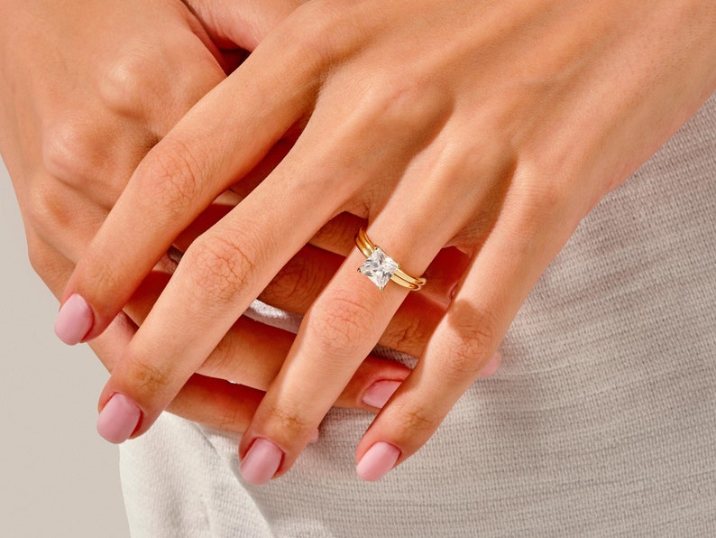 1.50 CT Princess Cut Moissanite Bridal Ring Set with Plain Wedding Bands 7
