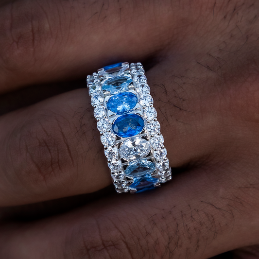 8 CT Oval and Round Multicolor Diamond Blue Layered Style Silver Men's Wedding Band 2