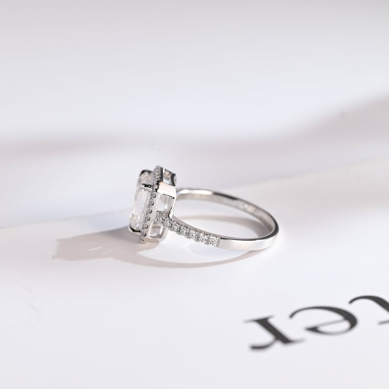 Stunning 1.0 - 2.0 CT Emerald Moissanite Engagement Ring with Pave and Halo Design 8