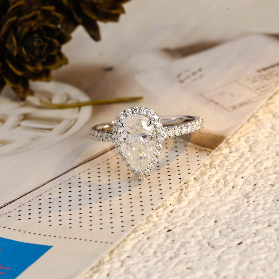 Stunning 1.0 CT Pear Moissanite Engagement Ring with Halo & Pave Design 1