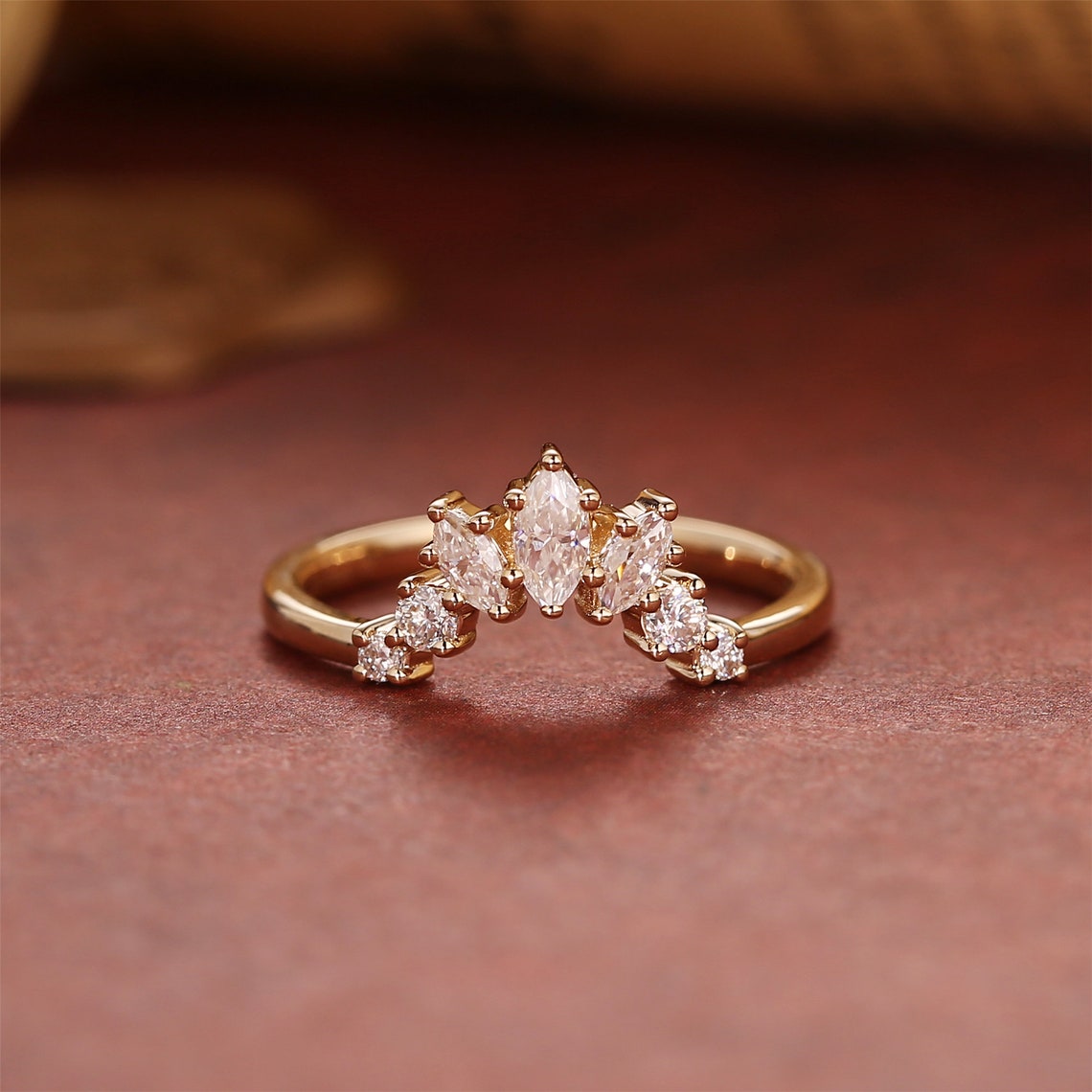 0.15 TCW Marquise Cut Moissanite Bridal Wedding Band With Curved Style 4