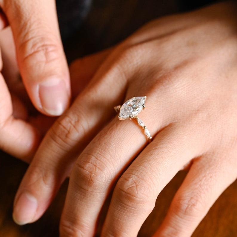 Stunning 1.0 - 2.0 CT Marquise Moissanite Engagement Ring with Pave & Hidden Halo Design 2