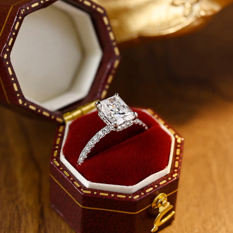 3.0 CT Radiant Shaped Moissanite Engagement Ring With Hidden Halo Pave Accents 1