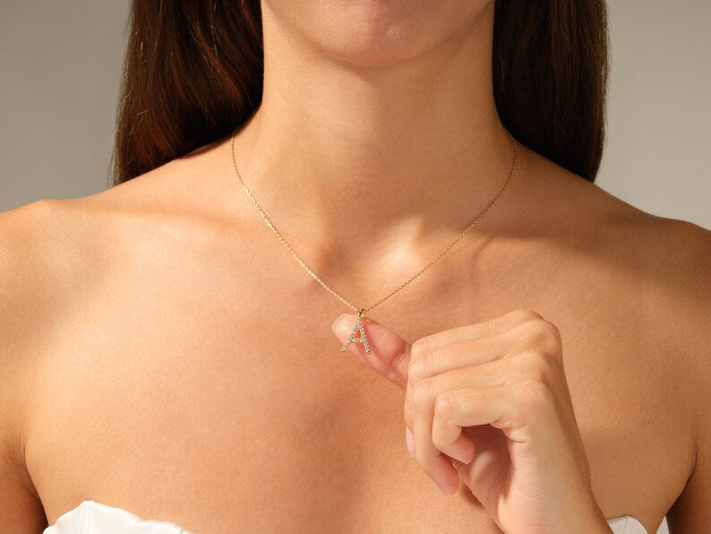 0.20 CT Round Moissanite Diamond Letter Pendant Necklace in Solid Gold 6