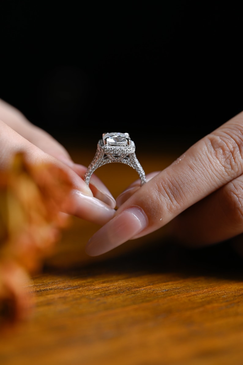 Stunning 1.0 - 2.0 CT Cushion Moissanite Engagement Ring With Pave & Halo Design 7