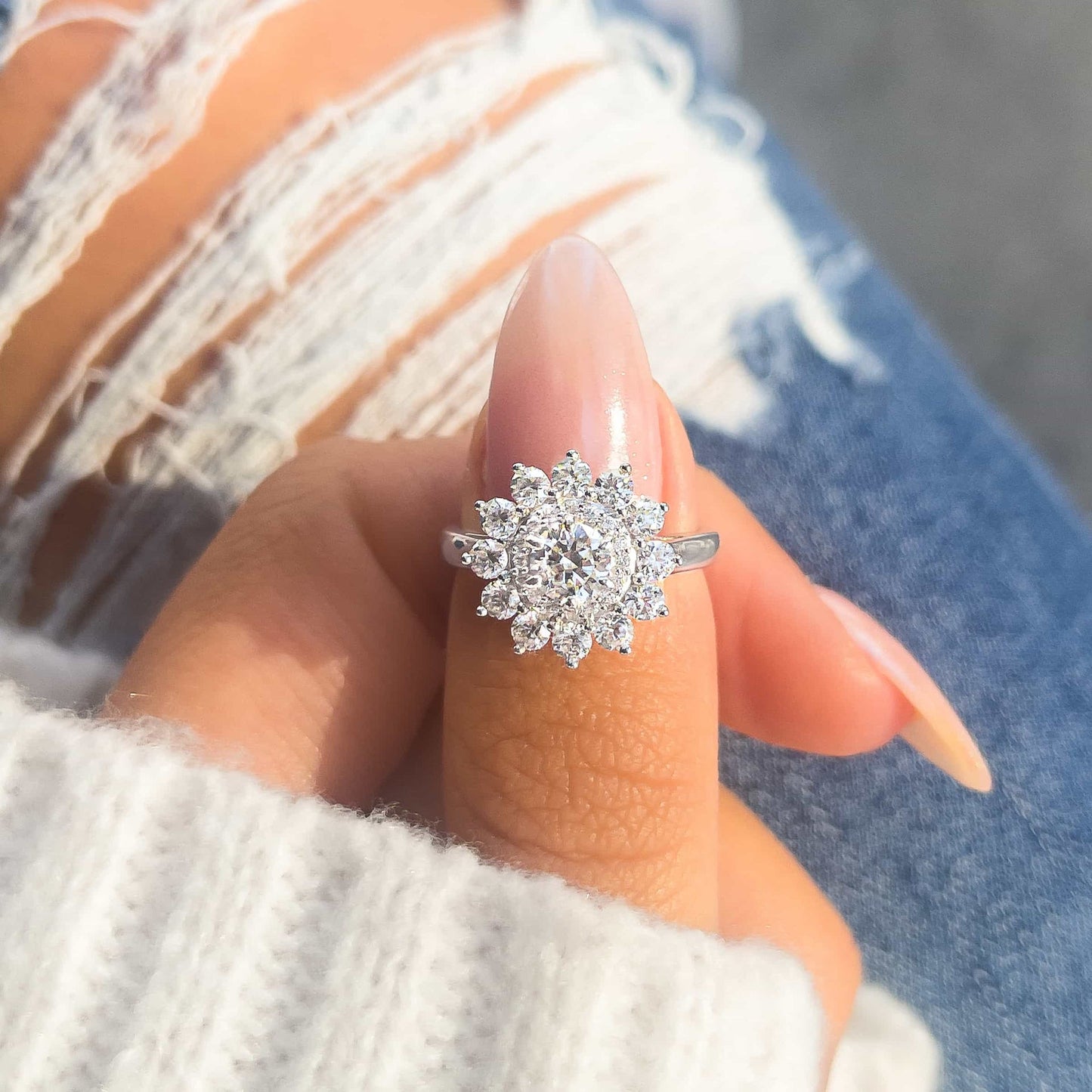 Stunning 0.5 CT Round Moissanite Engagement Ring In Cluster Design 5