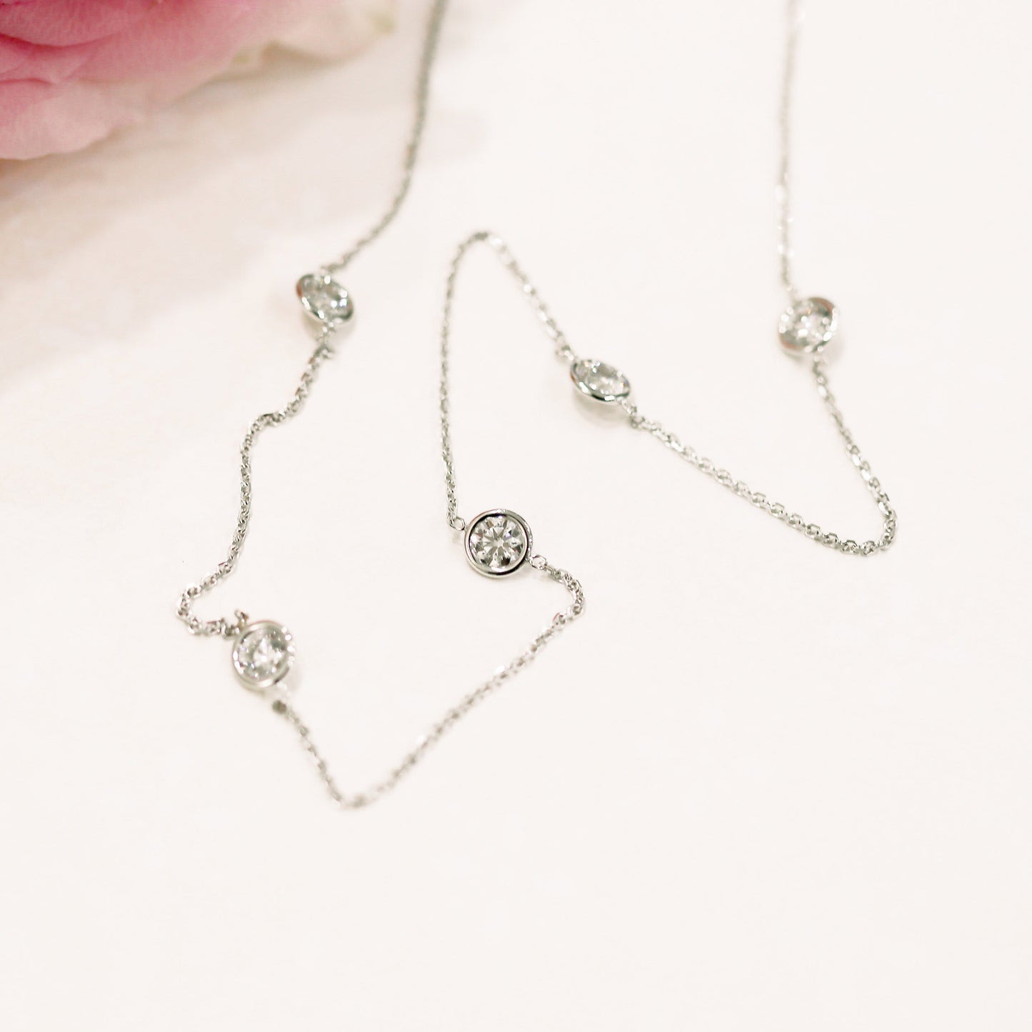 
                  
                    0.25 TCW Floating Cosmopolitan Round Cut Moissanite Necklace With Five Bezel Style
                  
                