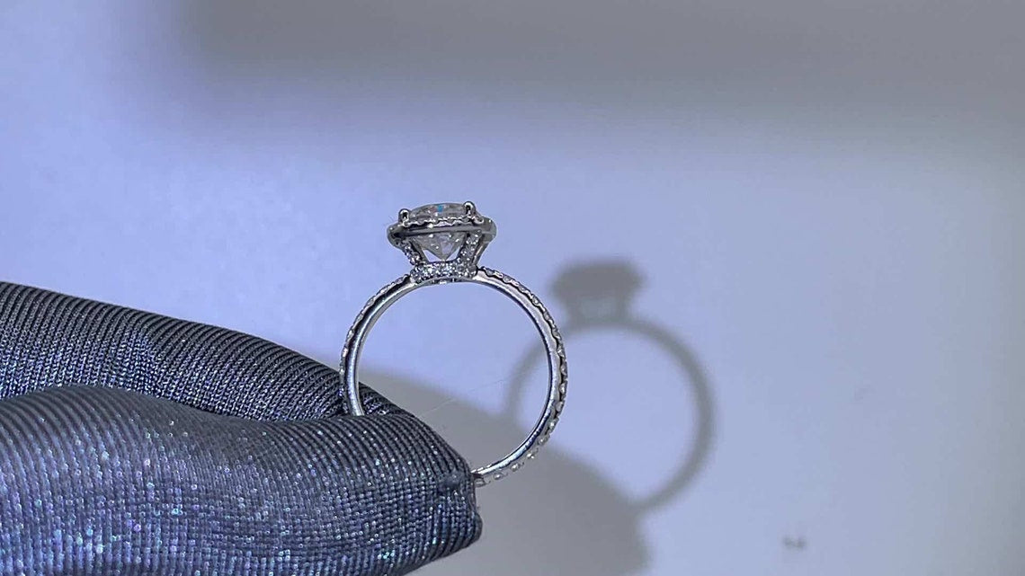 Halo Engagement Ring Featuring 2.11 CT Cushion Moissanite 7