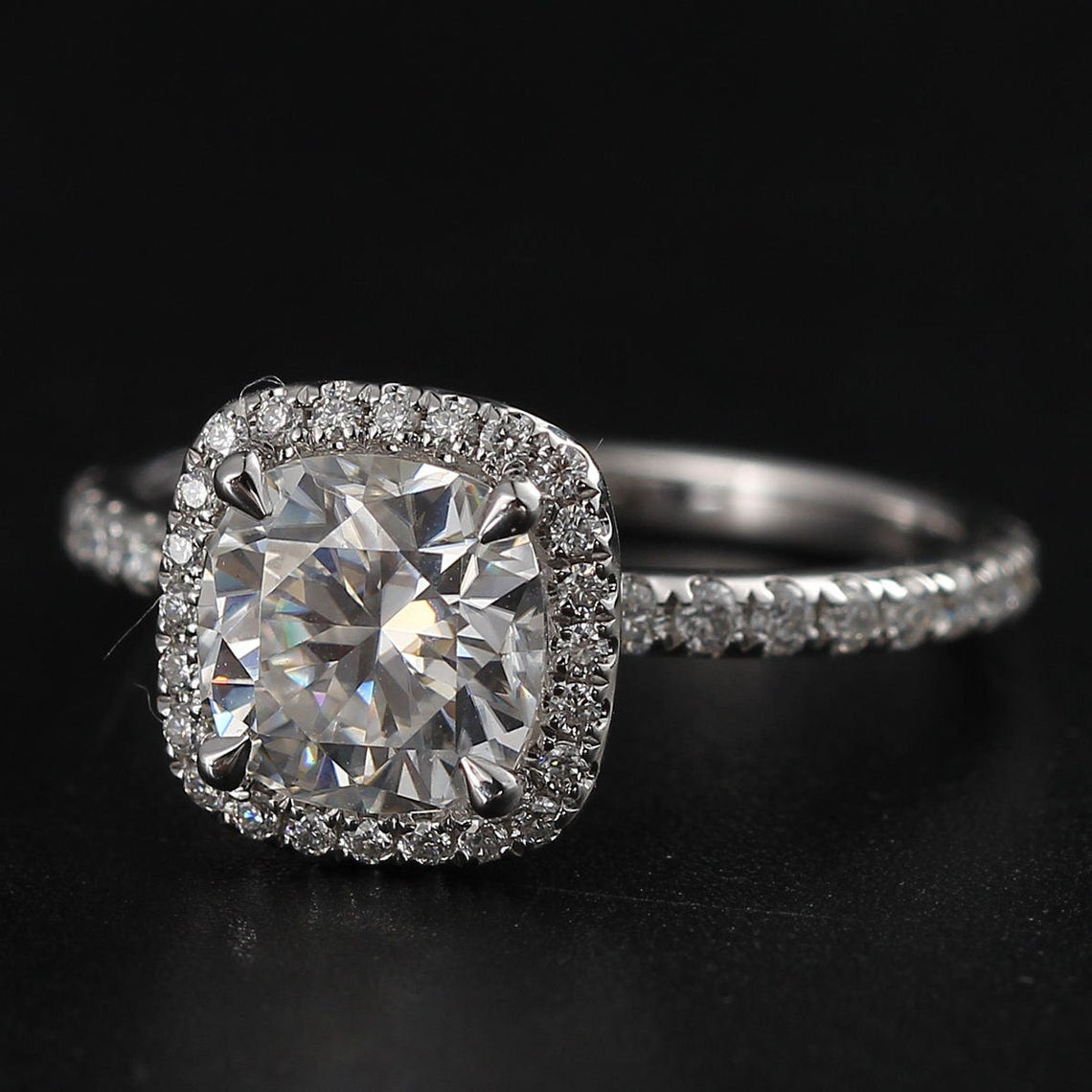 Halo Engagement Ring Featuring 2.11 CT Cushion Moissanite 4
