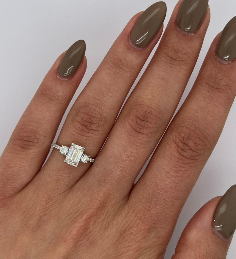 1.0 CT Emerald Three Stone Lab Grown Diamond Engagement Ring