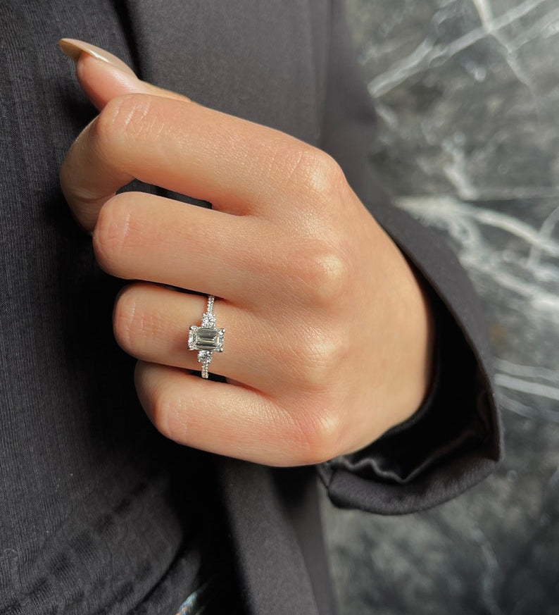 1.0 CT Emerald Three Stone Lab Grown Diamond Engagement Ring