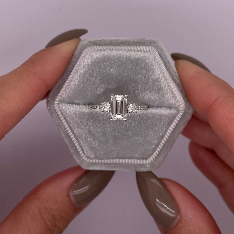 1.0 CT Emerald Three Stone CVD C/VS2 Diamond Engagement Ring 5