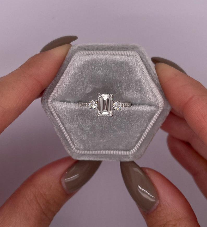 1.0 CT Emerald Three Stone Lab Grown Diamond Engagement Ring