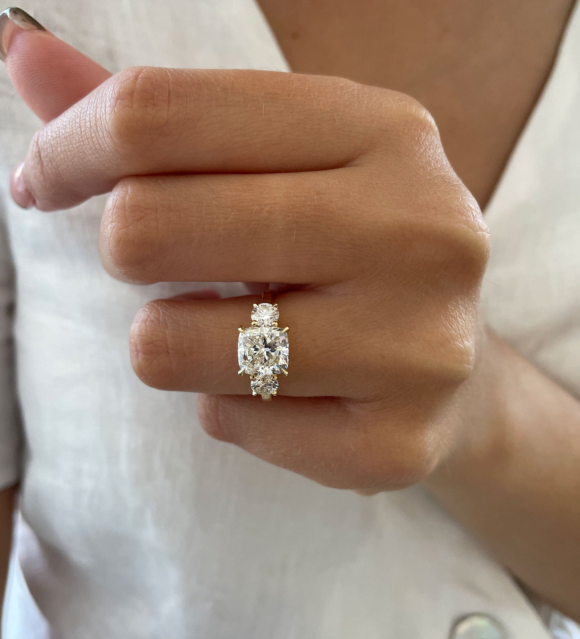 2.6 CT Cushion Three Stone Lab Grown Diamond Engagement Ring