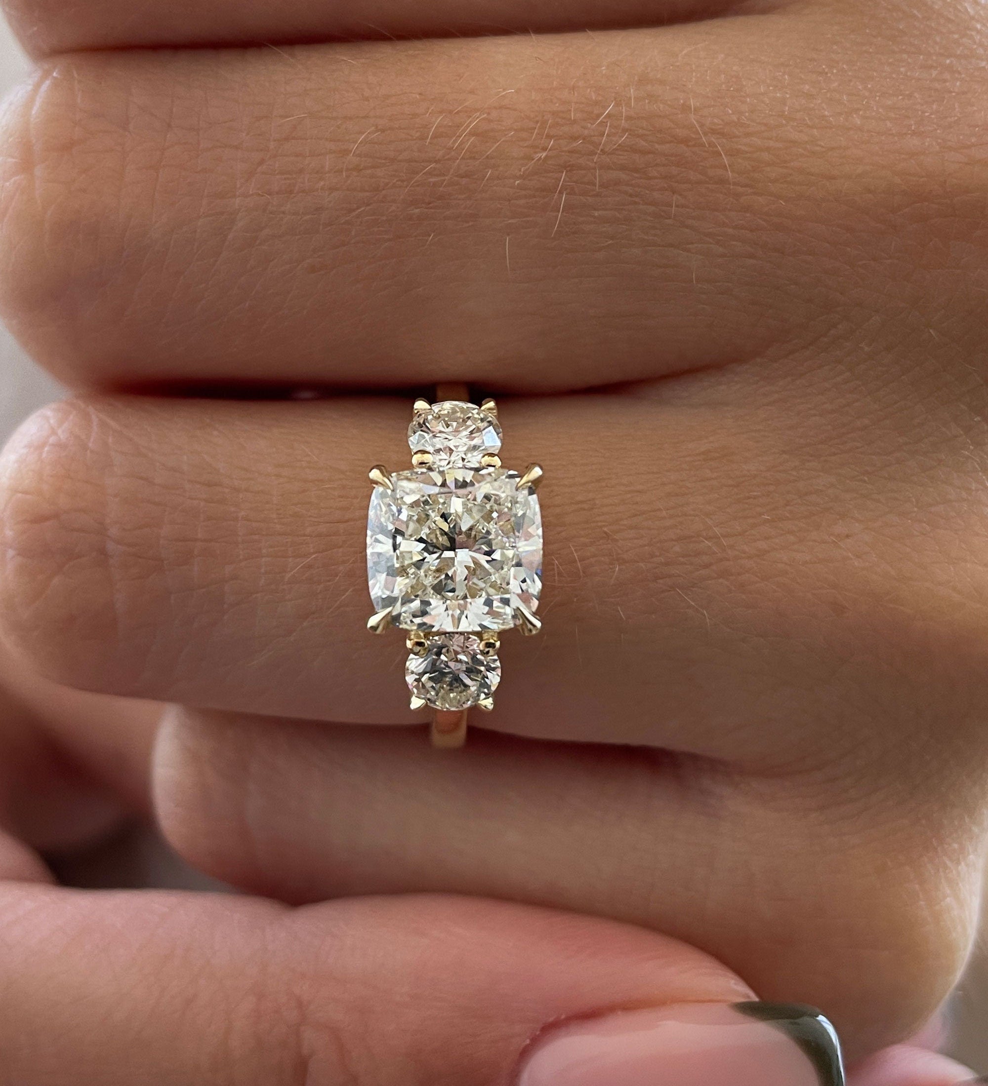 2.6 CT Cushion Three Stone Lab Grown Diamond Engagement Ring