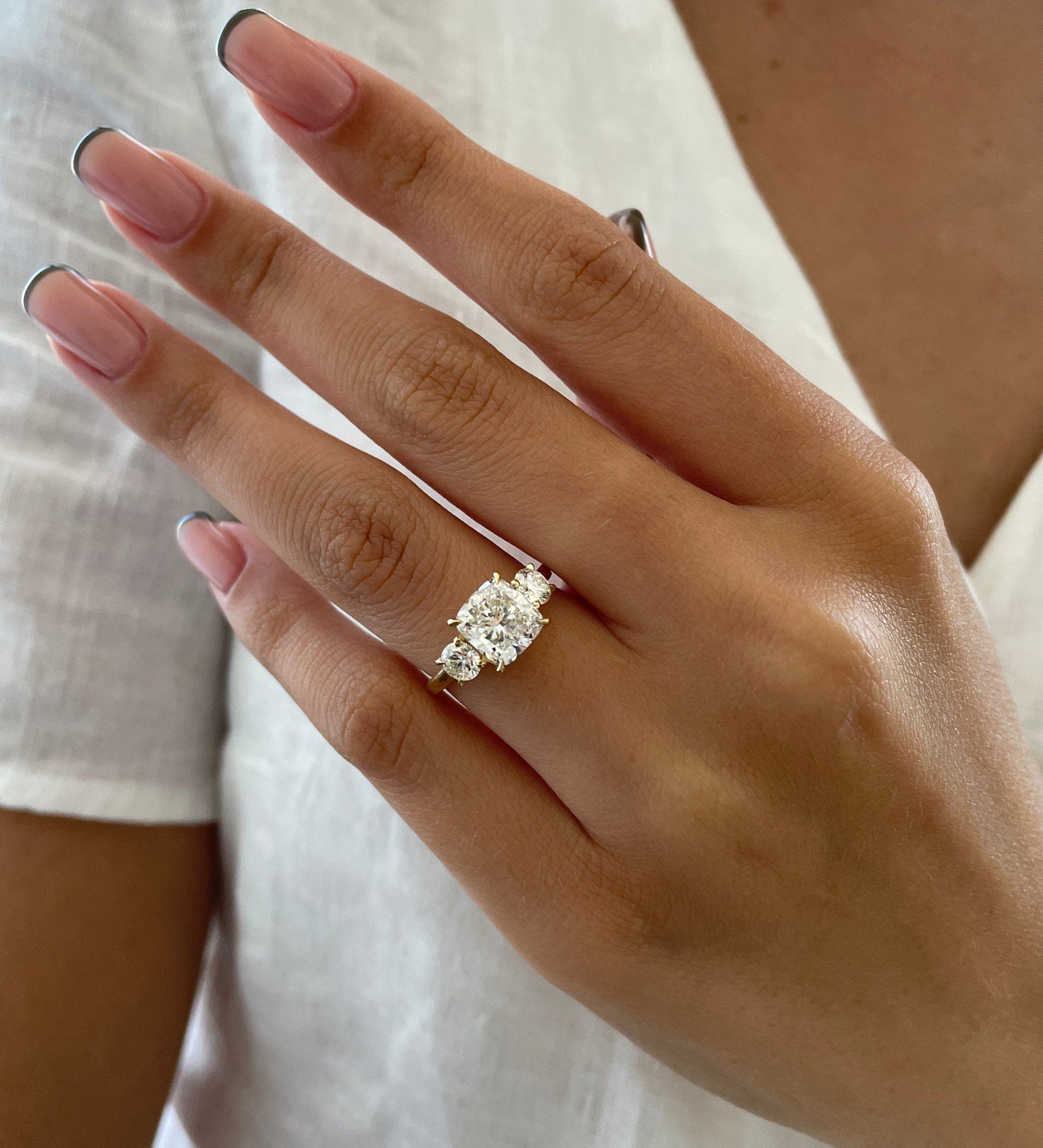 2.6 CT Cushion Three Stone Lab Grown Diamond Engagement Ring