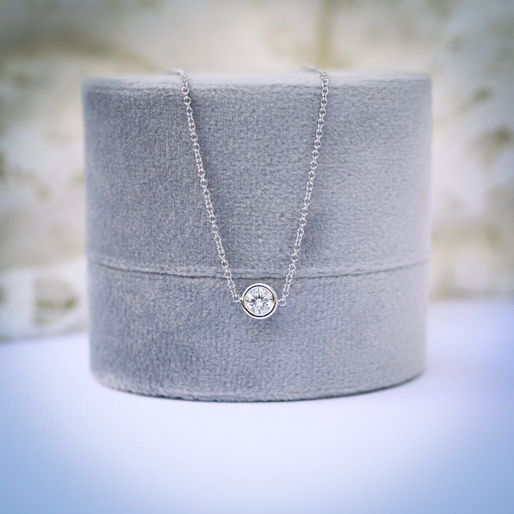 0.10 TCW Floating Cosmopolitan Round Cut Moissanite Necklace With Single Bezel Style