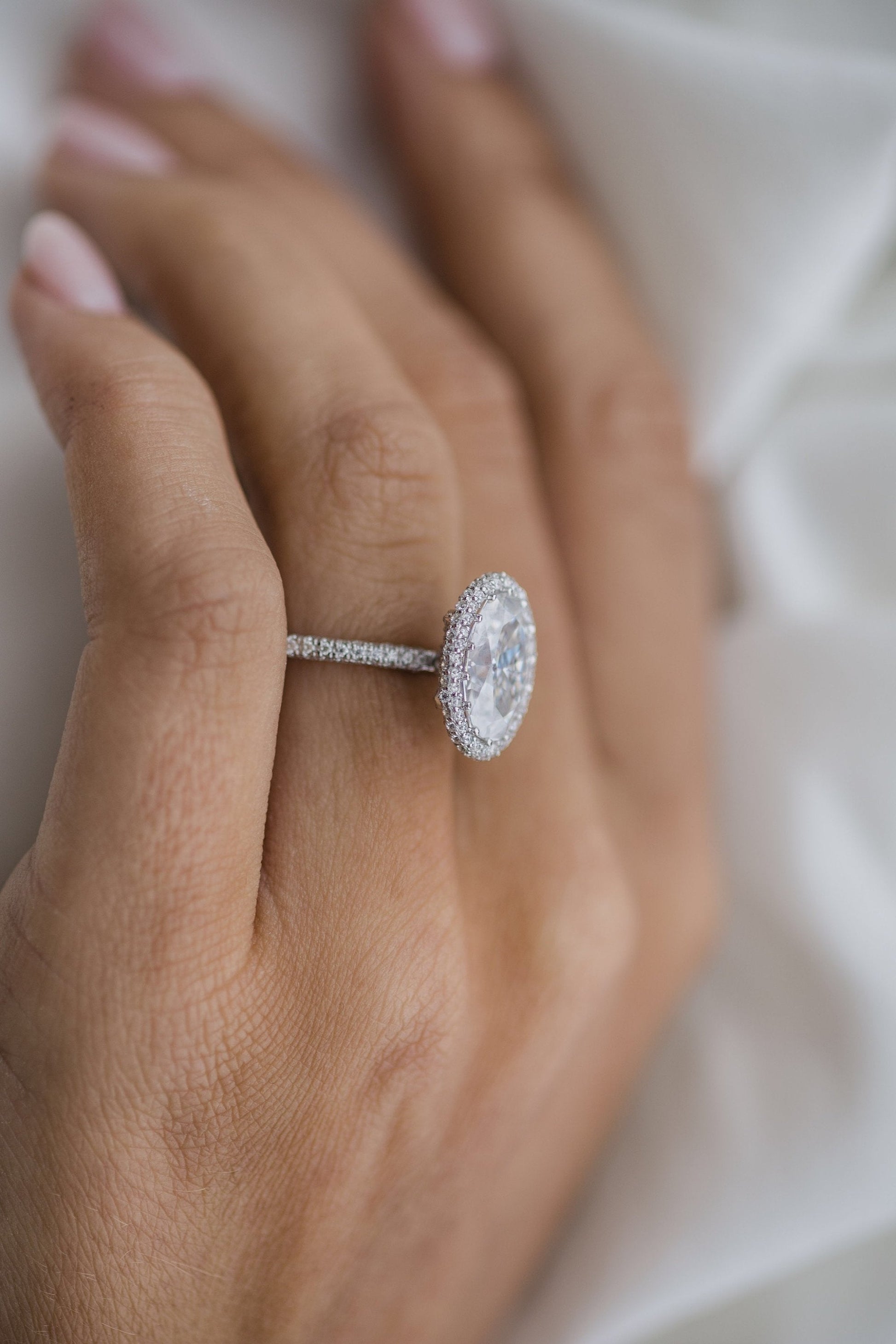3.85 CT Oval Halo & Pave Moissanite Engagement Ring 6