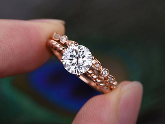 0.75 CT Round Solitaire Twisted Pave Moissanite Bridal Ring Set 1