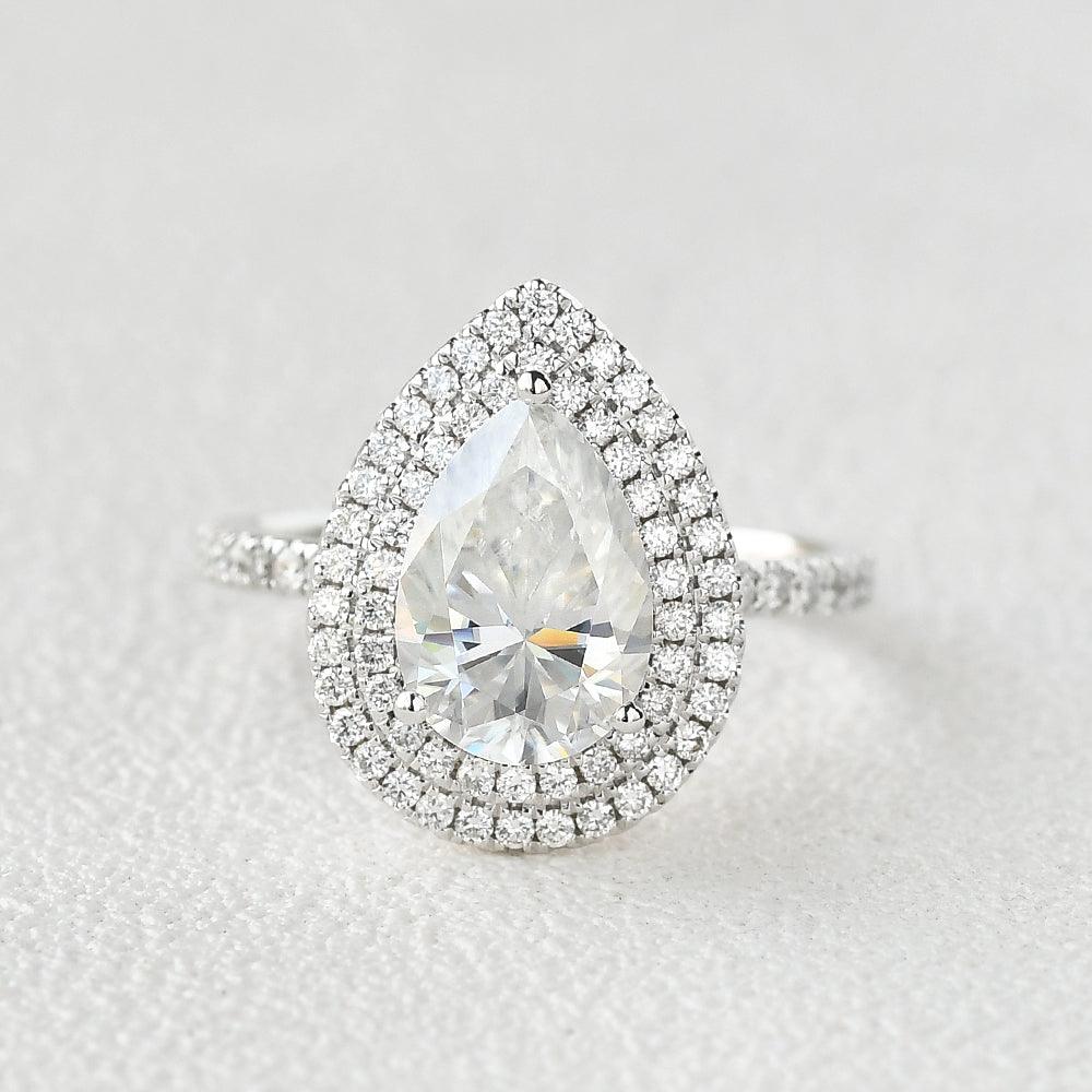 1.33 CT Pear Double Halo Pave Moissanite Engagement Ring 1