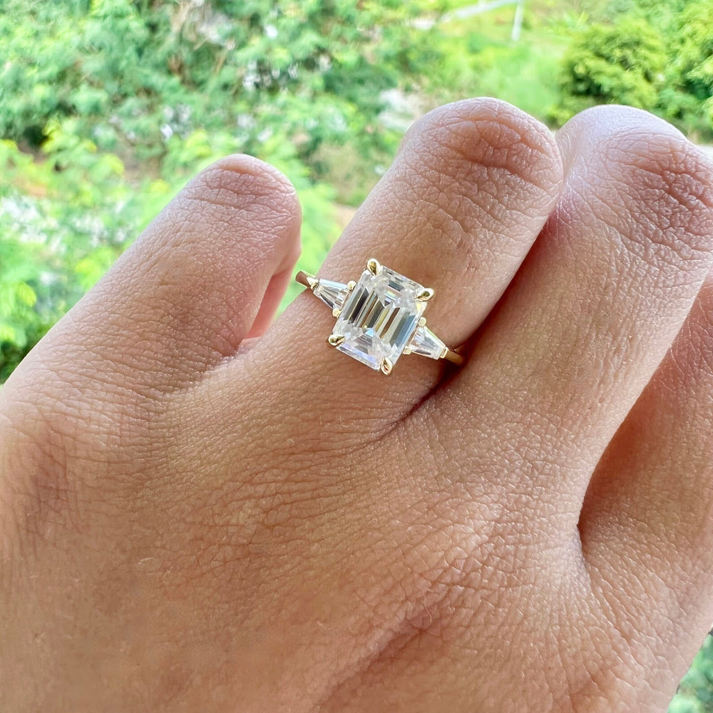 1.9 CT Emerald Cut Three Stone Moissanite Engagement Ring