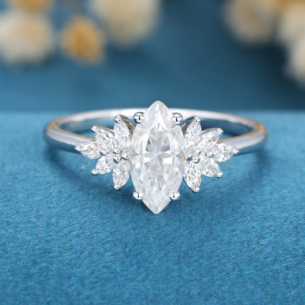 0.90 CT Marquise Shaped Moissanite Cluster Engagement Ring