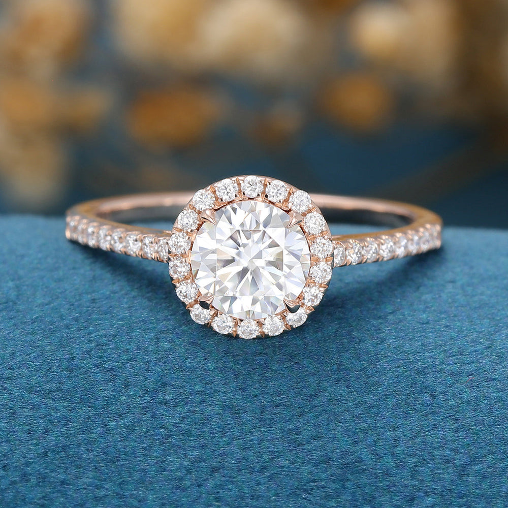 0.68 CT Round Shaped Moissanite Halo Pave Engagement Ring