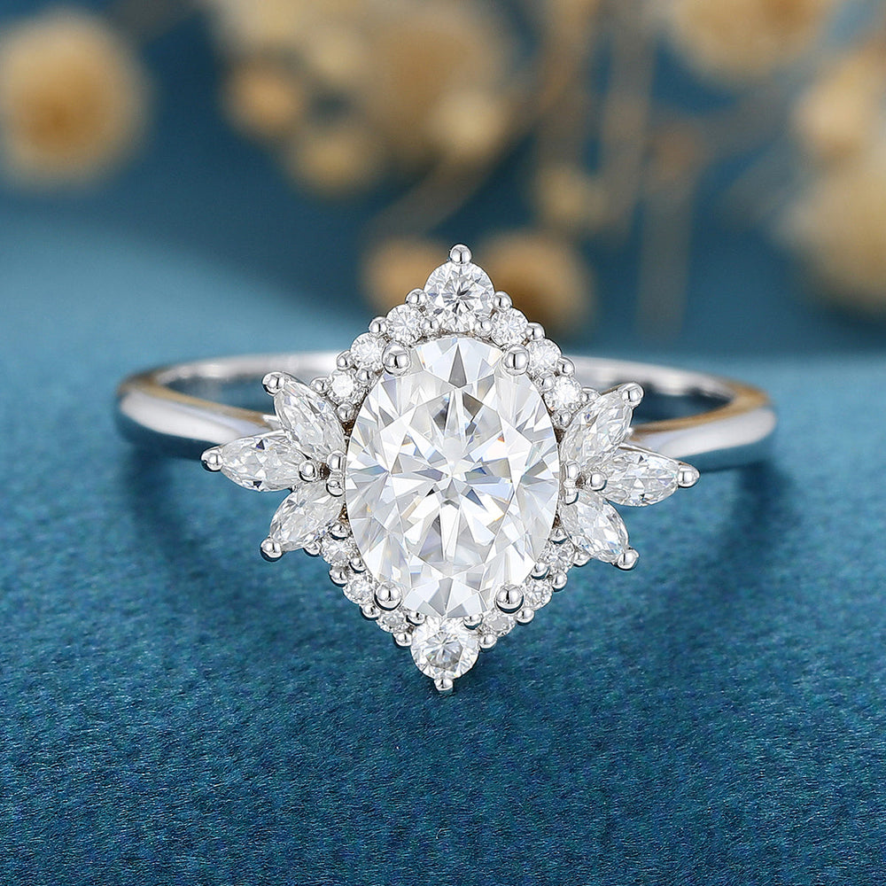 
                  
                    0.84 CT Oval Shaped Moissanite Cluster Engagement Ring
                  
                