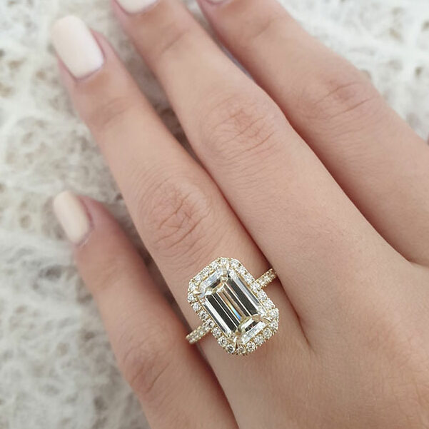 3.18 CT Emerald Cut Halo Style Moissanite Engagement Ring 1