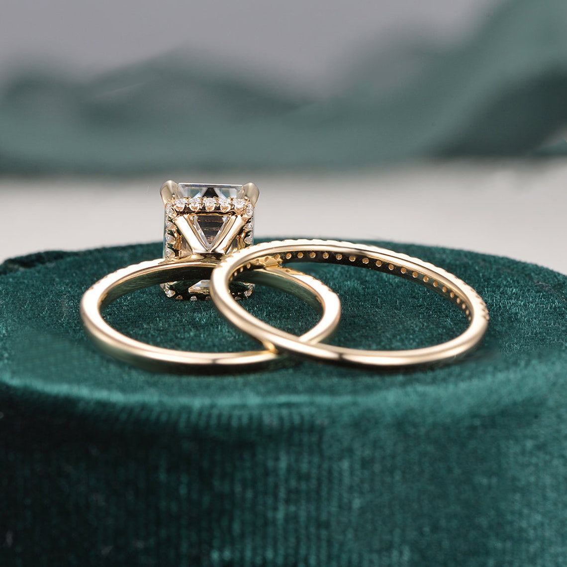 
                  
                    1.50 CT Emerald Cut Hidden Halo Moissanite Bridal Ring Set 7
                  
                