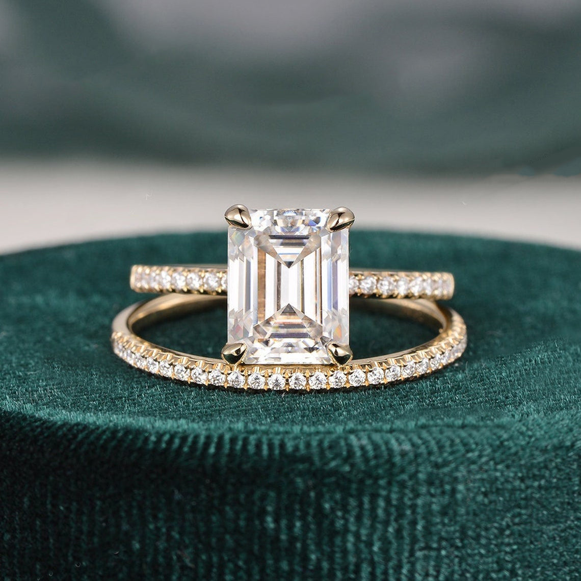 1.50 CT Emerald Cut Hidden Halo Moissanite Bridal Ring Set 1