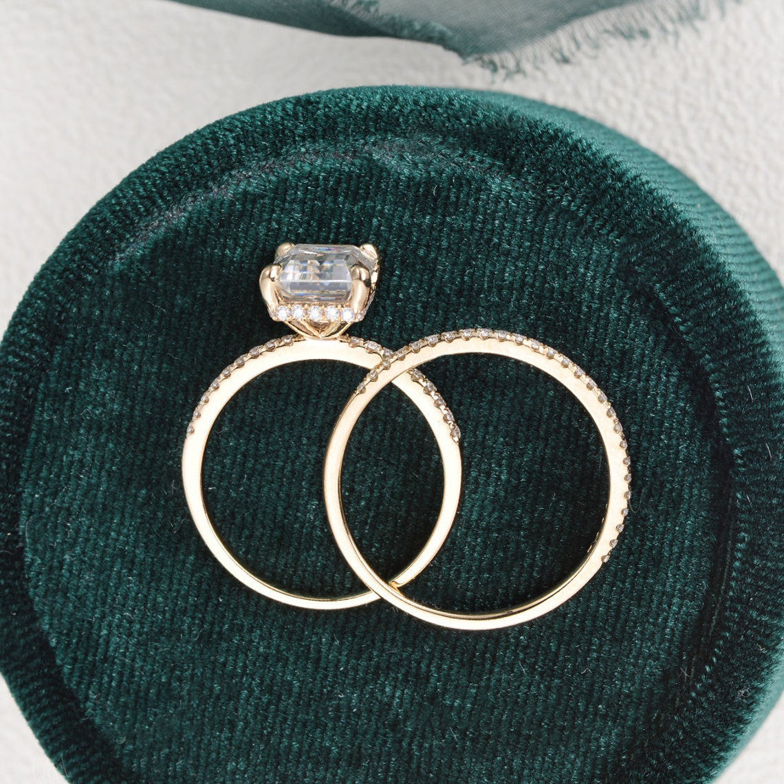 
                  
                    1.50 CT Emerald Cut Hidden Halo Moissanite Bridal Ring Set 8
                  
                