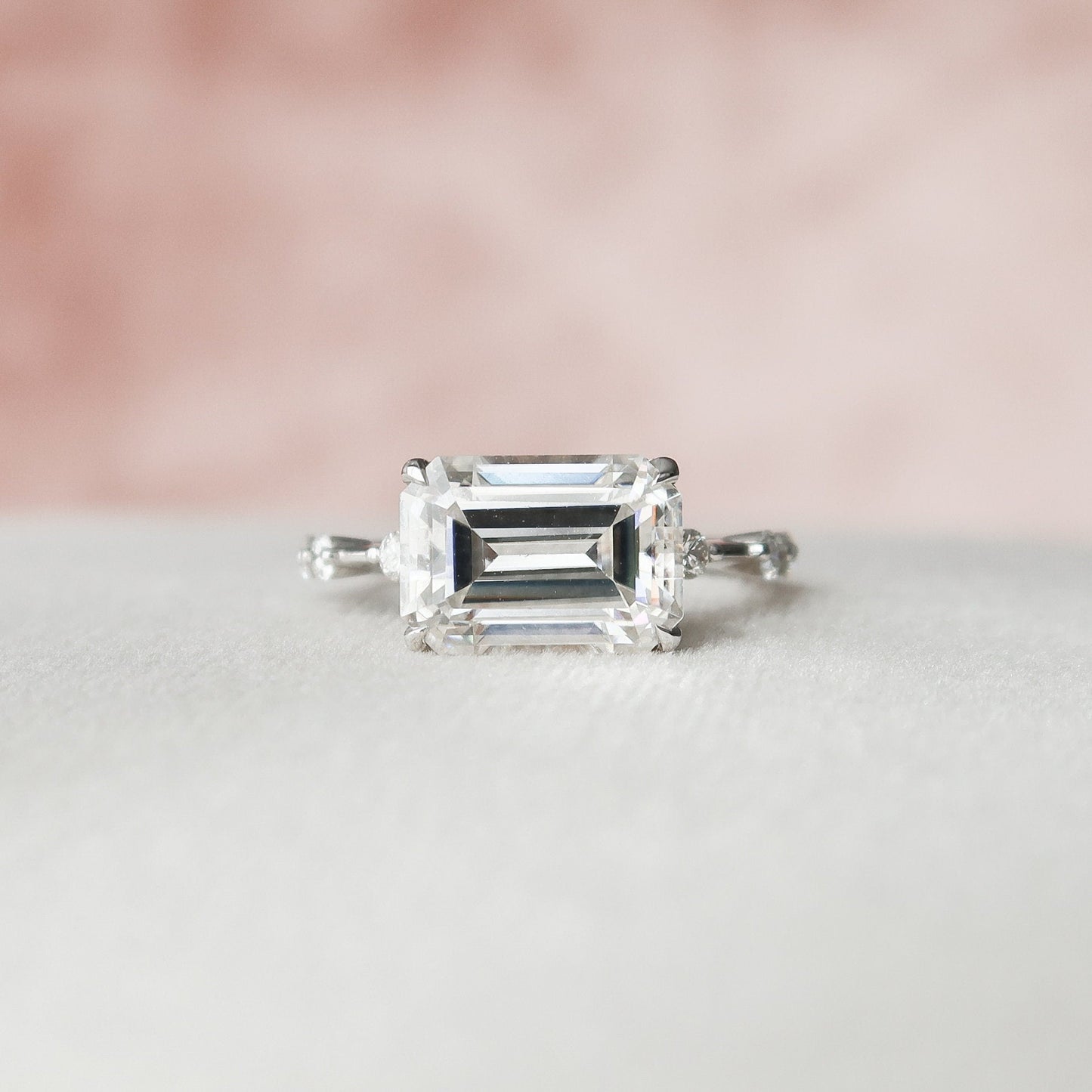 3.0 CT Emerald Cut Solitaire & Dainty Pave Moissanite Engagement Ring 2